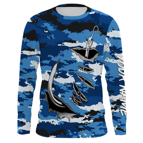 Fishing camo Fish hook Custom Long sleeve performance Fishing Shirts, blue camo Fishing jerseys IPHW2932