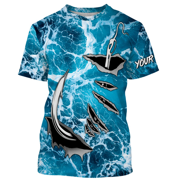 Fishing camo Fish hook Custom Long sleeve performance Fishing Shirts, sea waves camo Fishing jerseys IPHW2935