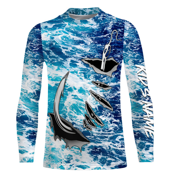 Fishing camo Fish hook Custom Long sleeve performance Fishing Shirts, sea waves camo Fishing jerseys IPHW2936