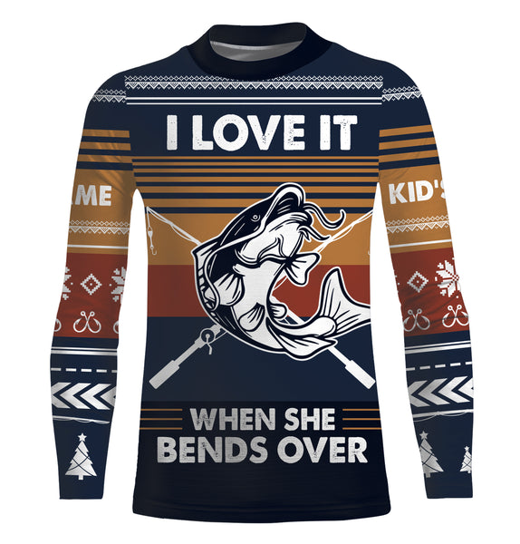 I love it when she bends over Catfish Custom Ugly Sweater pattern Long Sleeve Fishing Shirts, Catfish Fishing Christmas gifts - IPHW1877
