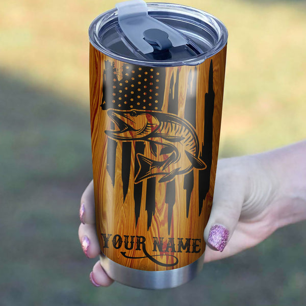 Musky Fishing American Flag Custom Stainless steel Tumbler cup | personalized Patriotic Fishing gifts 4th of July - IPHW36