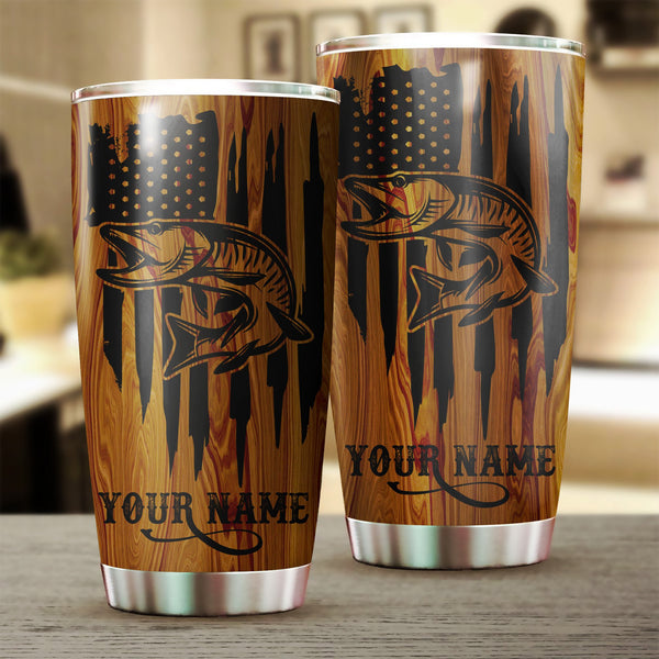 Musky Fishing American Flag Custom Stainless steel Tumbler cup | personalized Patriotic Fishing gifts 4th of July - IPHW36