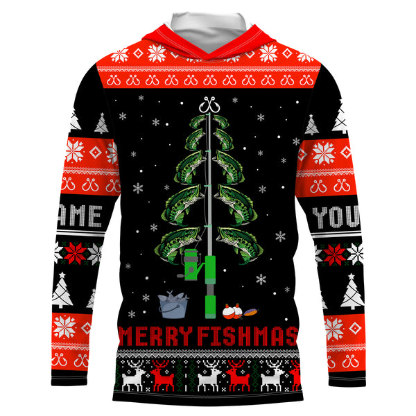 Bass Fishing Christmas Tree Custom Long Sleeve Fishing Shirts, Ugly Sweater pattern Christmas Fishing gifts - IPHW1880