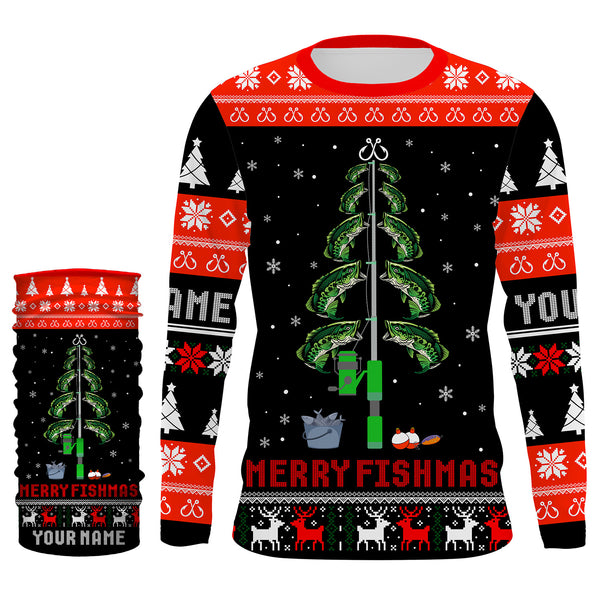 Bass Fishing Christmas Tree Custom Long Sleeve Fishing Shirts, Ugly Sweater pattern Christmas Fishing gifts - IPHW1880