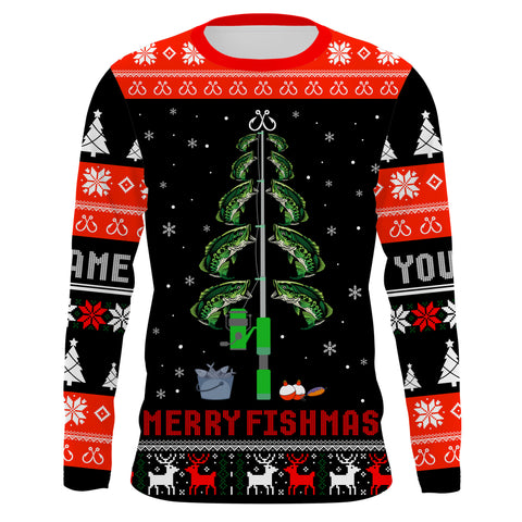 Bass Fishing Christmas Tree Custom Long Sleeve Fishing Shirts, Ugly Sweater pattern Christmas Fishing gifts - IPHW1880