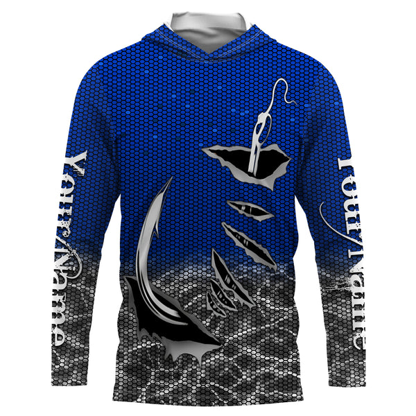 3D Fish hook Custom UV Protection Long Sleeve performance Fishing Shirts, personalized Fishing gift ideas | blue - IPHW1705