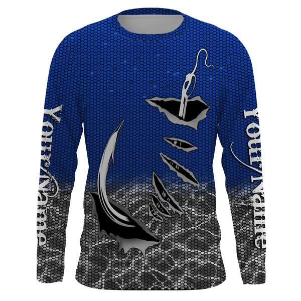 3D Fish hook Custom UV Protection Long Sleeve performance Fishing Shirts, personalized Fishing gift ideas | blue - IPHW1705