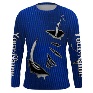 3D Fish hook Custom UV Protection Long Sleeve performance Fishing Shirts, personalized Fishing gift ideas | blue - IPHW1706