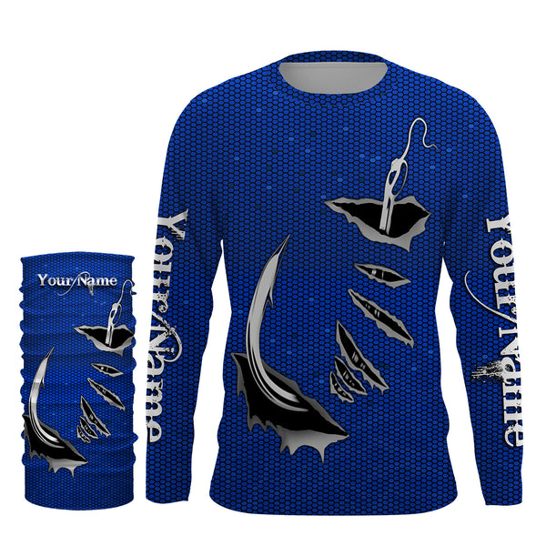 3D Fish hook Custom UV Protection Long Sleeve performance Fishing Shirts, personalized Fishing gift ideas | blue - IPHW1706