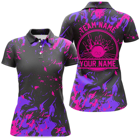 Custom Ladies Bowling Polo Shirts Bowling Balls And Pins Bowling Team Shirts | Pink Purple IPHW5401