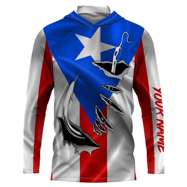 Puerto Rico Fishing 3D Fish Hook Flag UV protection quick dry custom name long sleeves shirts UPF 30+ personalized Patriotic Fishing gifts - IPHW370