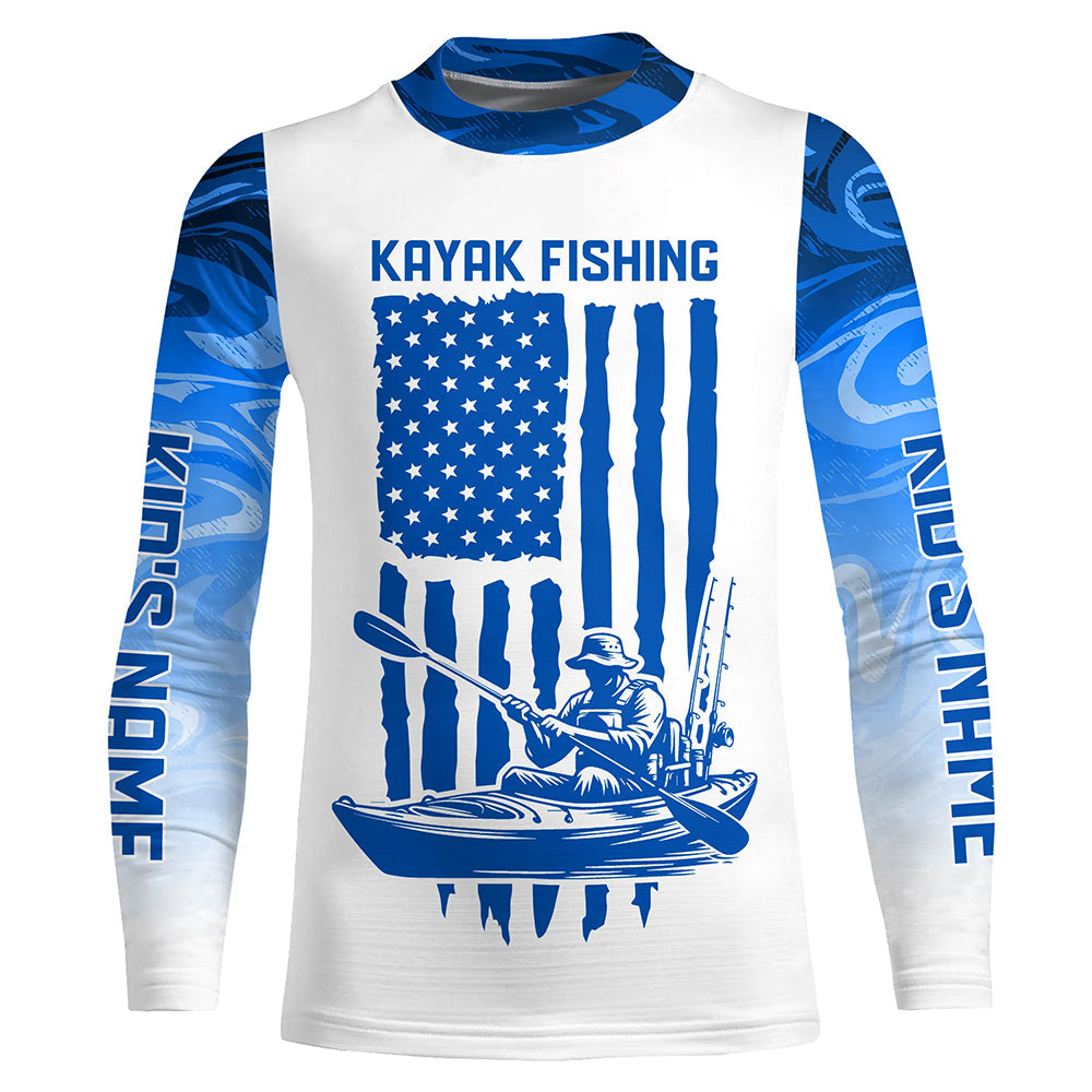 Personalized American Flag Kayak Fishing Long Sleeve Shirts Patriotic, Blue Camo Kayak Fishing Shirt IPHW6054