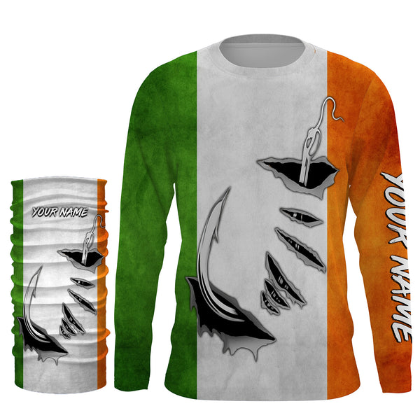 Fishing hook Ireland Flag Long Sleeve Fishing Shirts, Personalized Patriotic Fishing gifts for men IPHW2644