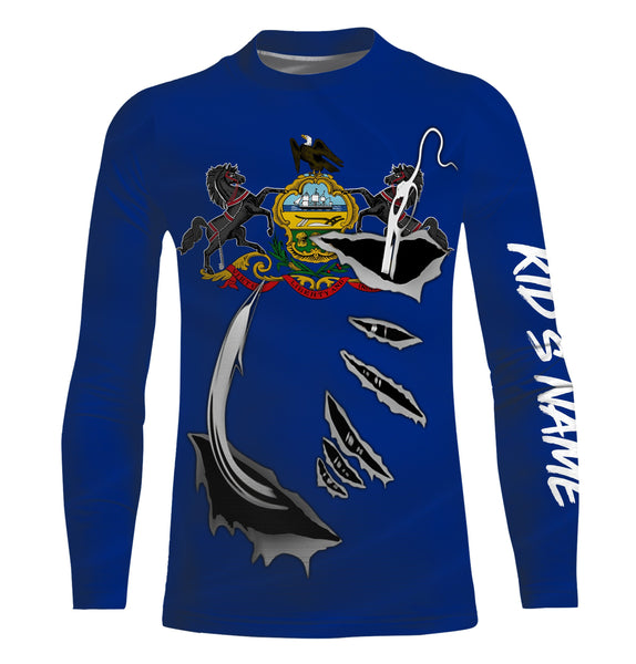 PA Pennsylvania Flag Fishing 3D Fish Hook Custom Long sleeves Fishing Shirts UPF 30+ personalized Patriotic fishing gifts - IPH1907