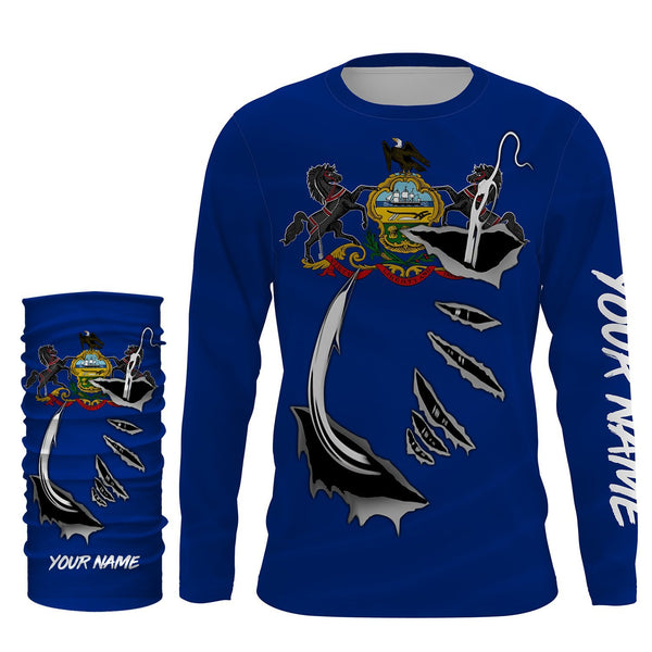 PA Pennsylvania Flag Fishing 3D Fish Hook Custom Long sleeves Fishing Shirts UPF 30+ personalized Patriotic fishing gifts - IPH1907