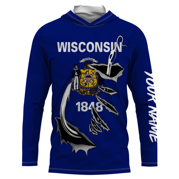 WI Wisconsin Flag Fishing 3D Fish Hook UV protection Custom Long sleeves Fishing Shirts, Patriotic fishing gifts - IPH1912
