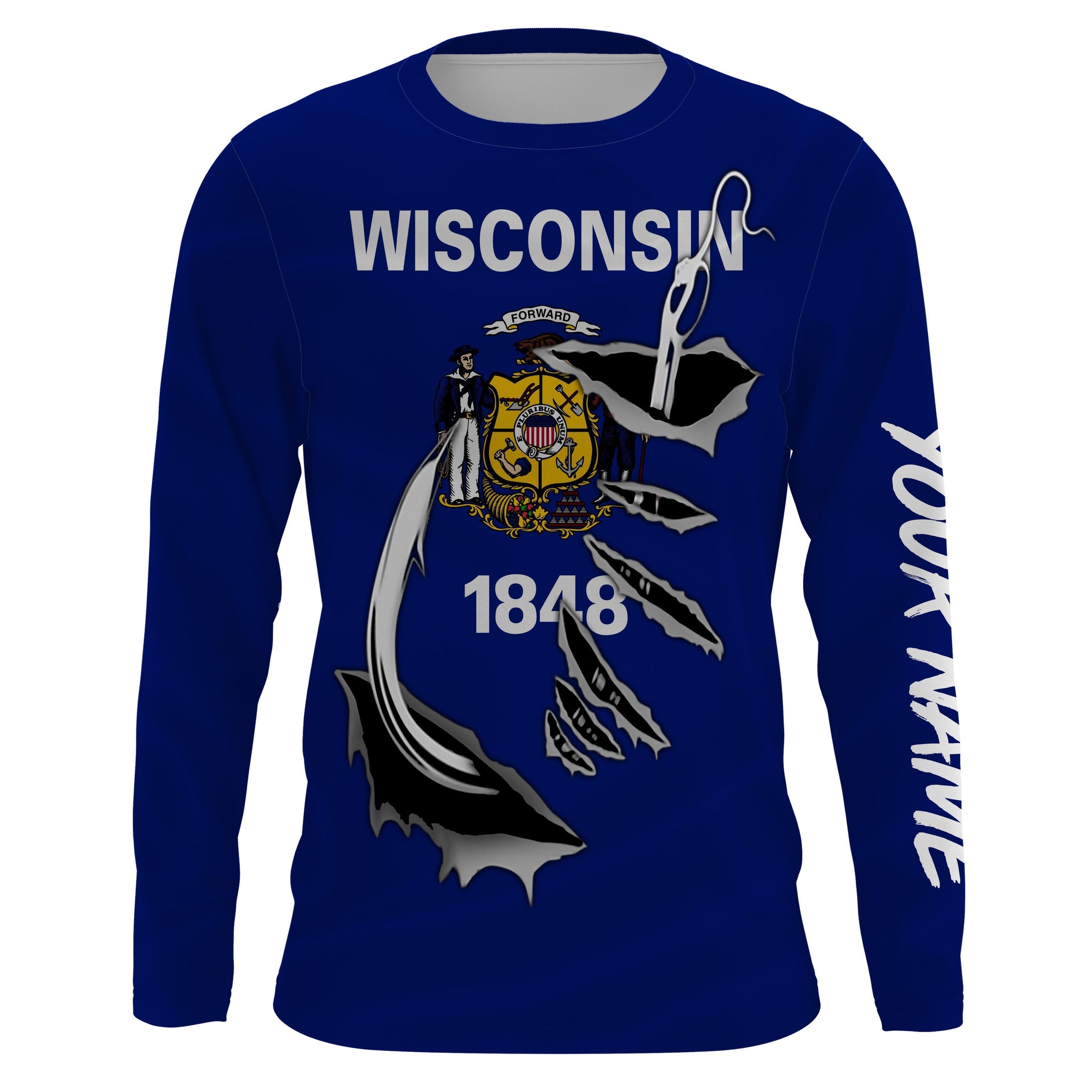 WI Wisconsin Flag Fishing 3D Fish Hook UV protection Custom Long sleeves Fishing Shirts, Patriotic fishing gifts - IPH1912
