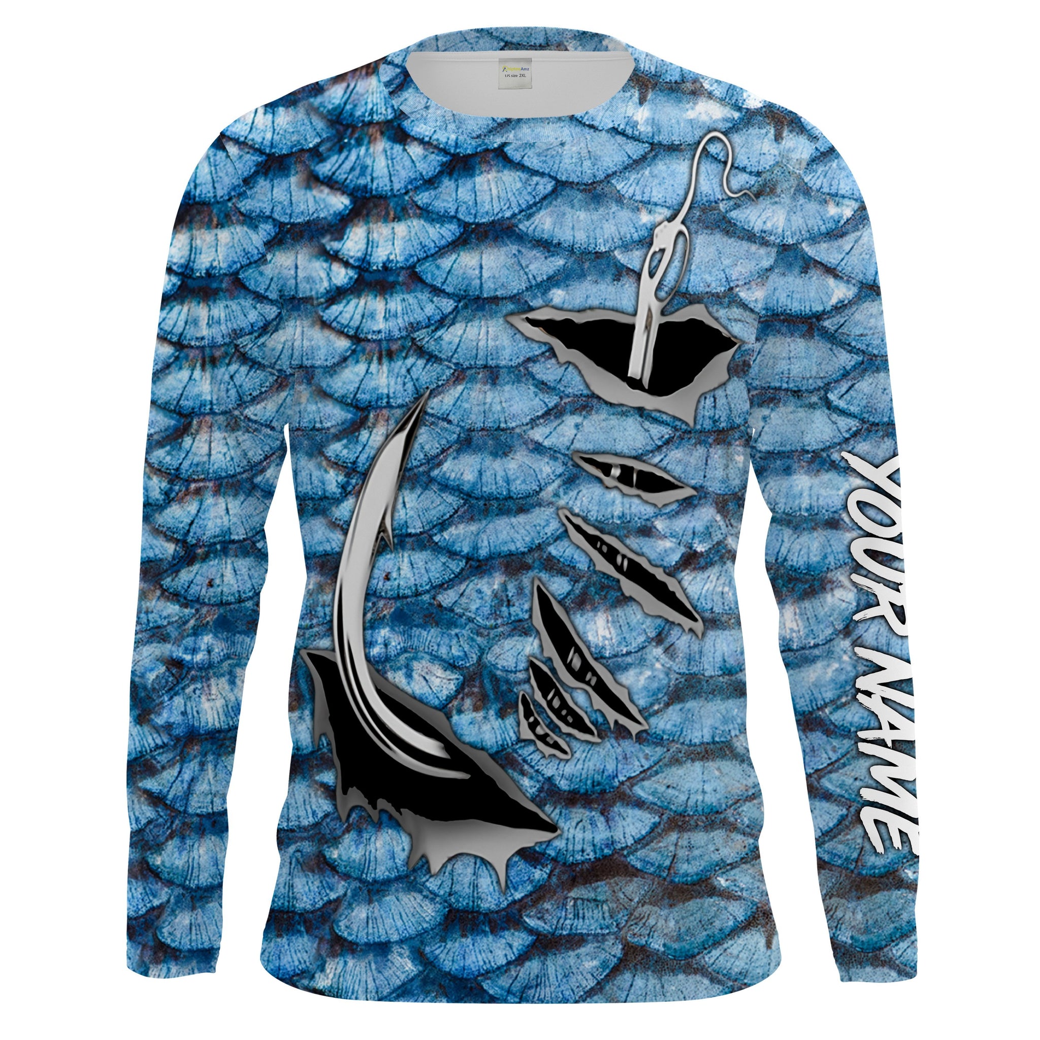 Blue Fish scales Fish hook custom Long Sleeve Fishing Shirts