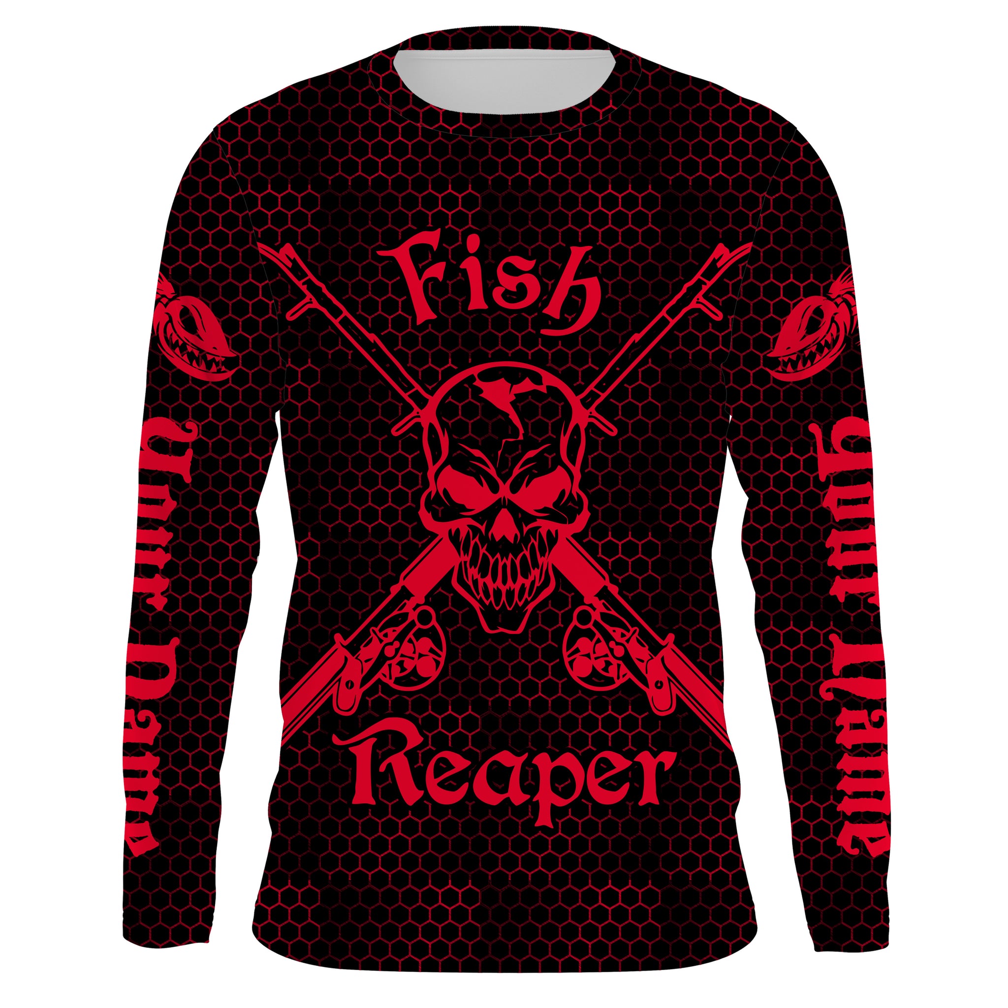 Custom Fish reaper Fishing jerseys, Fishing skull Long sleeve performance Fishing Shirts | black red IPHW3170
