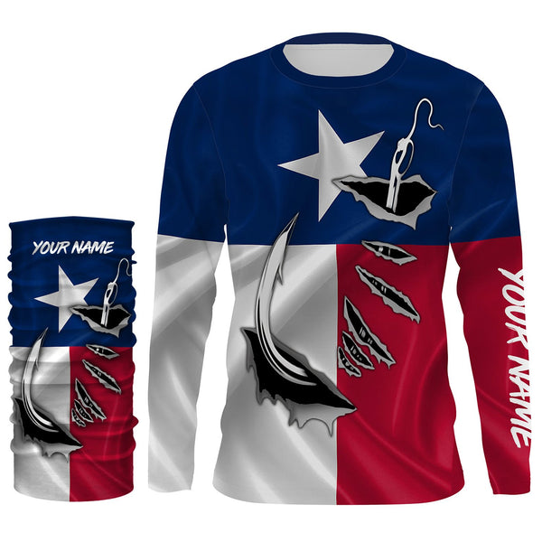 Custom Texas Flag Texas Fishing 3D Fish Hook UV Protection Long Sleeve UPF 30+ personalized fishing apparel gift - IPHW450