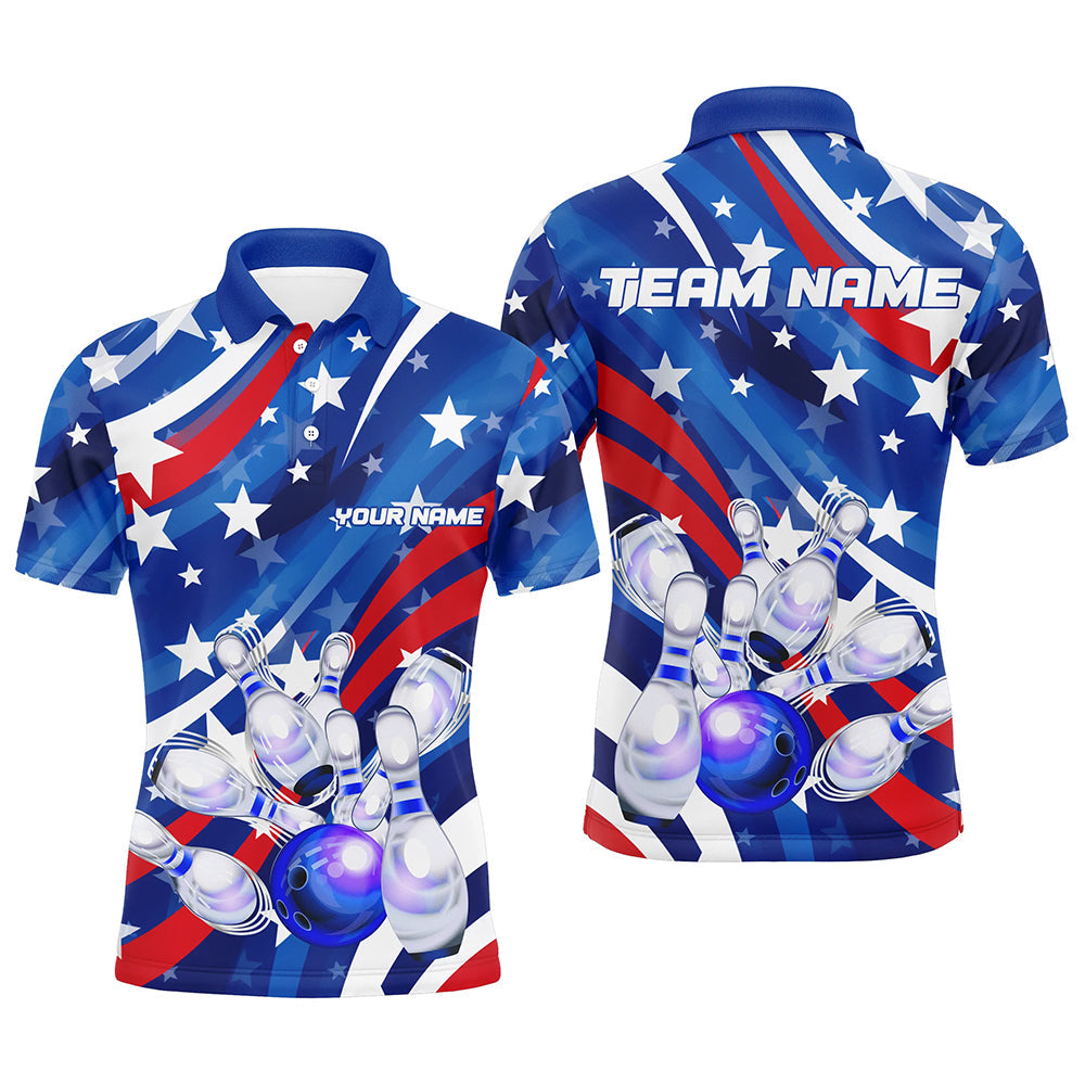 Custom American Flag Strike Bowling Polo Shirts For Men, Patriotic Bowling Team Jerseys IPHW5264