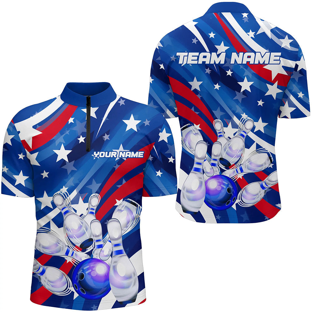 Custom American Flag Strike Bowling Quarter Zip Shirts For Men, Patriotic Bowling Team Jerseys IPHW5264