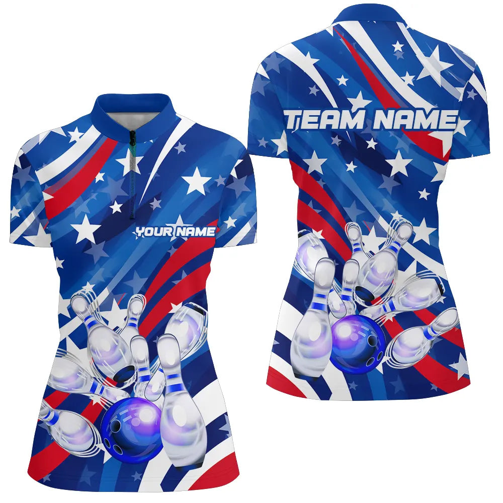 Custom American Flag Strike Bowling Quarter Zip Shirts For Women, Patriotic Bowling Jerseys IPHW5264