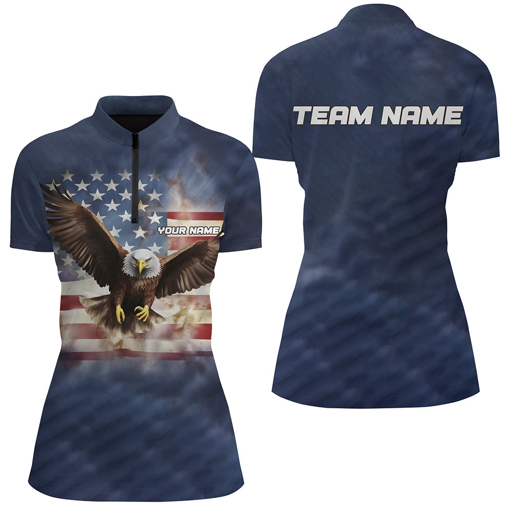 Eagle American Flag Custom Womens Bowling Quarter Zip Shirts,  Bowling Team Jerseys. IPHW5286