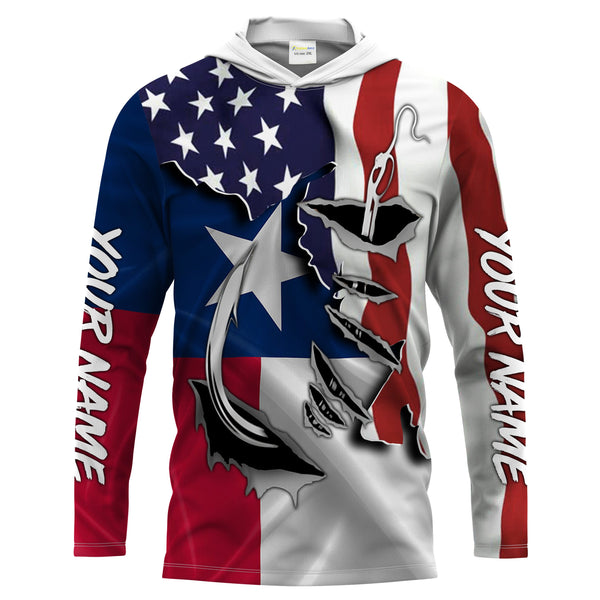 American Texas Flag Fish hook Custom UV Long Sleeve Fishing Shirts for men, women and kids, Patriotic Fishing gifts - IPHW814