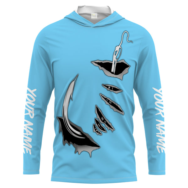 3D Fish hook Customize UV Protection Long sleeve performance Fishing Shirts | baby blue - IPHW1482