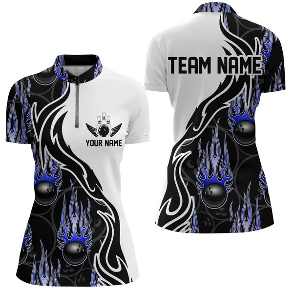 Custom Bowling Shirts For Women, Personalized Flame Bowling Team Jerseys | Blue IPHW5003