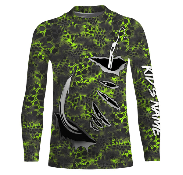 Personalized Fish Hook Custom Long Sleeve performance Camo Fishing Shirts, Custom Fishing gift ideas | green camo - IPHW2109