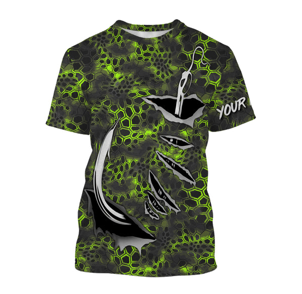 Personalized Fish Hook Custom Long Sleeve performance Camo Fishing Shirts, Custom Fishing gift ideas | green camo - IPHW2109