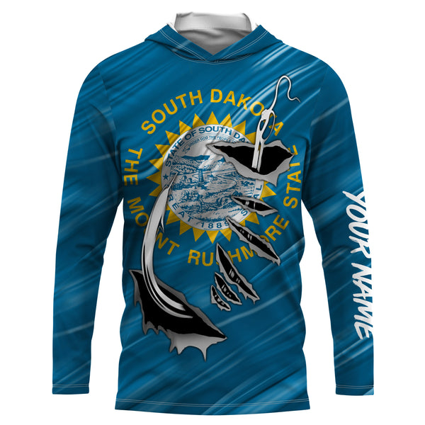 South Dakota Flag 3D Fish hook UV protection Custom long sleeve performance Fishing Shirts UPF 30+ fishing apparel - IPHW512