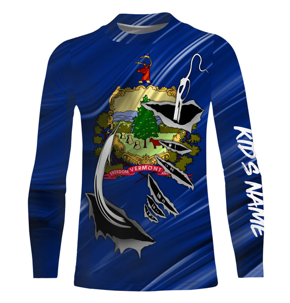 Vermont Flag 3D Fish hook UV protection Custom long sleeve performance Fishing Shirts UPF 30+ fishing apparel - IPHW514