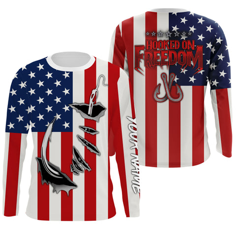 US Fishing Fish hook American Flag Custom Long Sleeve Fishing Shirts, Personalized Patriotic Fishing gifts Hooked on Freedom - IPHW1790