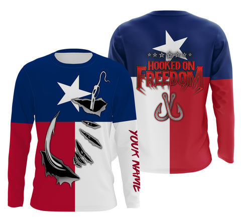 TX Fishing Fish hook Texas Flag Custom Long Sleeve Fishing Shirts, Personalized Patriotic Fishing gifts Hooked on Freedom - IPHW1791