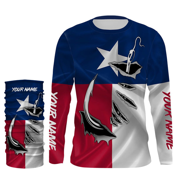 Personalized Texas Flag 3D Fish Hook UV Protection Long Sleeve performance Fishing Shirts UPF 30+ - Customized Fishing All over printed Shirts - IPHW483