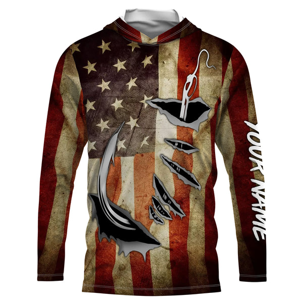 Fish Hook Vintage American Flag Custom Long Sleeve Fishing Shirts, Personalized Patriotic Fishing Gifts - IPHW661