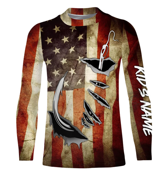 Fish Hook Vintage American Flag Custom Long Sleeve Fishing Shirts, Personalized Patriotic Fishing Gifts - IPHW661