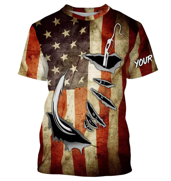 Fish Hook Vintage American Flag Custom Long Sleeve Fishing Shirts, Personalized Patriotic Fishing Gifts - IPHW661