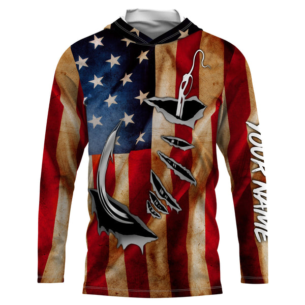 Fish Hook Vintage American Flag Custom Long Sleeve Fishing Shirts, Personalized Patriotic Fishing Gifts - IPHW662
