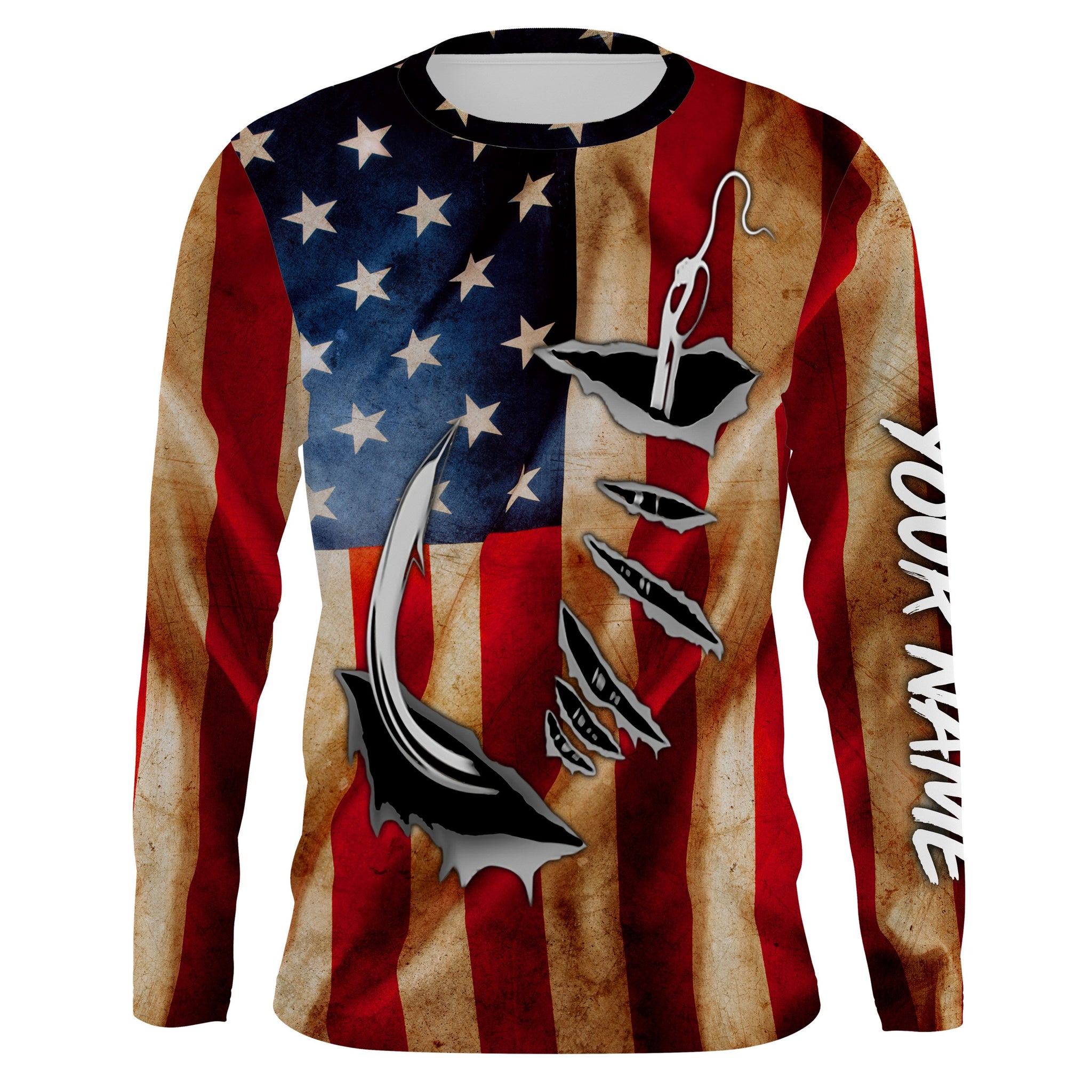 Fish Hook Vintage American Flag Custom Long Sleeve Fishing Shirts, Personalized Patriotic Fishing Gifts - IPHW662, Kid Long Sleeves UPF / 2XL