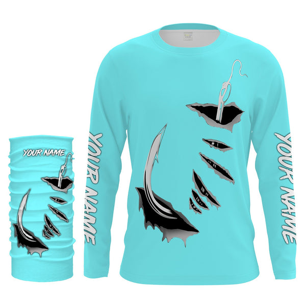 Fish hook Custom Sky blue Long Sleeve performance Fishing Shirts Fishing jerseys - IPHW1489