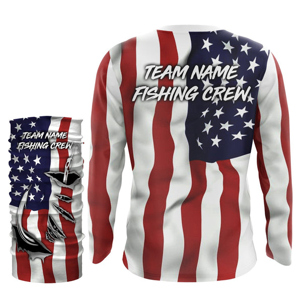 Fishing Crew Fish Hook American Flag Custom long sleeves Fishing Shirts, personalized Patriotic fishing apparel for Fishing team - IPH1990