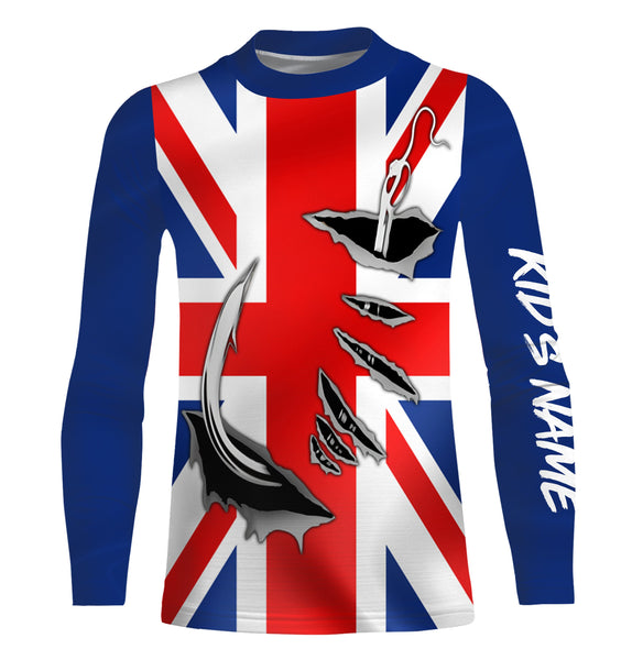 UK Fishing 3D Fish Hook England Flag Custom Long Sleeve performance Fishing Shirts personalized Patriotic Fishing gifts - IPH1976