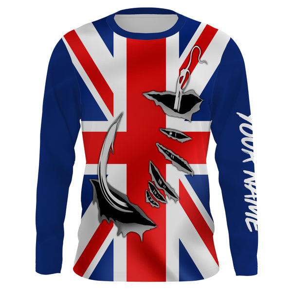 UK Fishing 3D Fish Hook England Flag Custom Long Sleeve performance Fishing Shirts personalized Patriotic Fishing gifts - IPH1976