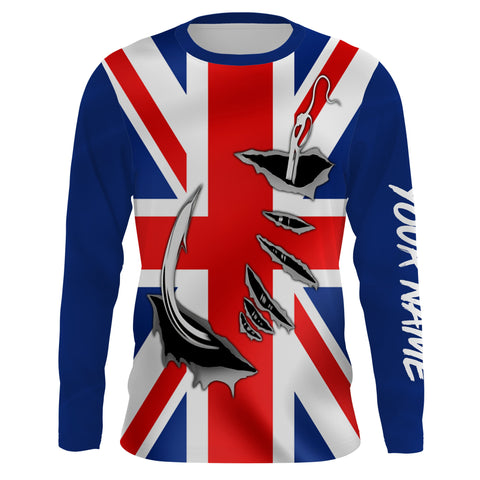 UK Fishing 3D Fish Hook England Flag Custom Long Sleeve performance Fishing Shirts personalized Patriotic Fishing gifts - IPH1976