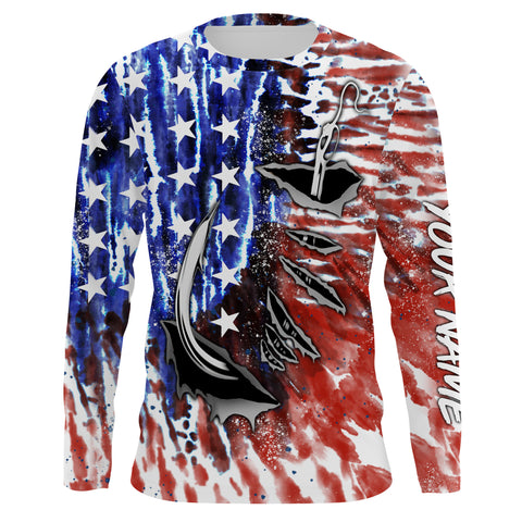 Personalized Fish hook American Flag Long Sleeve Fishing Shirts, tie dye Patriotic Fishing gifts - IPHW2023
