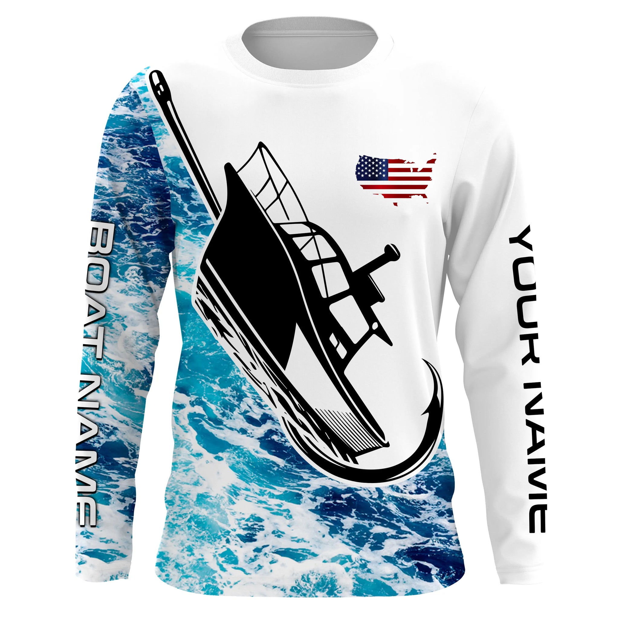 Custom Deep Sea Fishing Shirts with Boat Name, American Flag Saltwater Fishing Shirts IPHW4361 Long Sleeves UPF / M